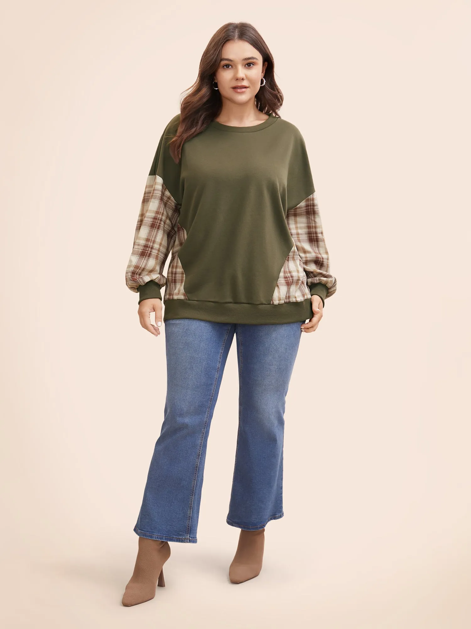 Round Neck Gingham Patchwork Sweatshirt sold by Bloomchic product image thumbnail 3