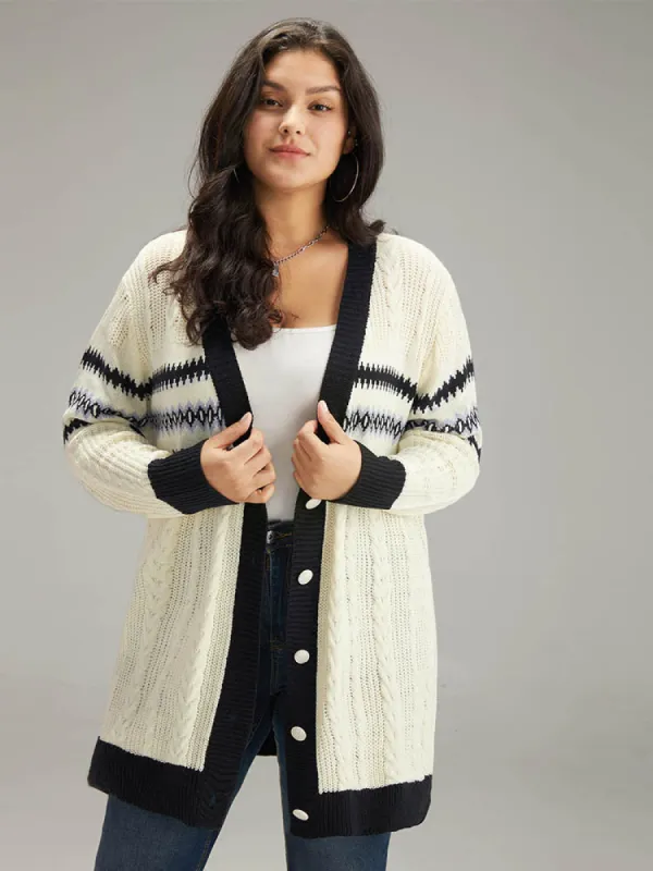 Cable Knit Striped Geo Button Fly Cardigan sold by Bloomchic