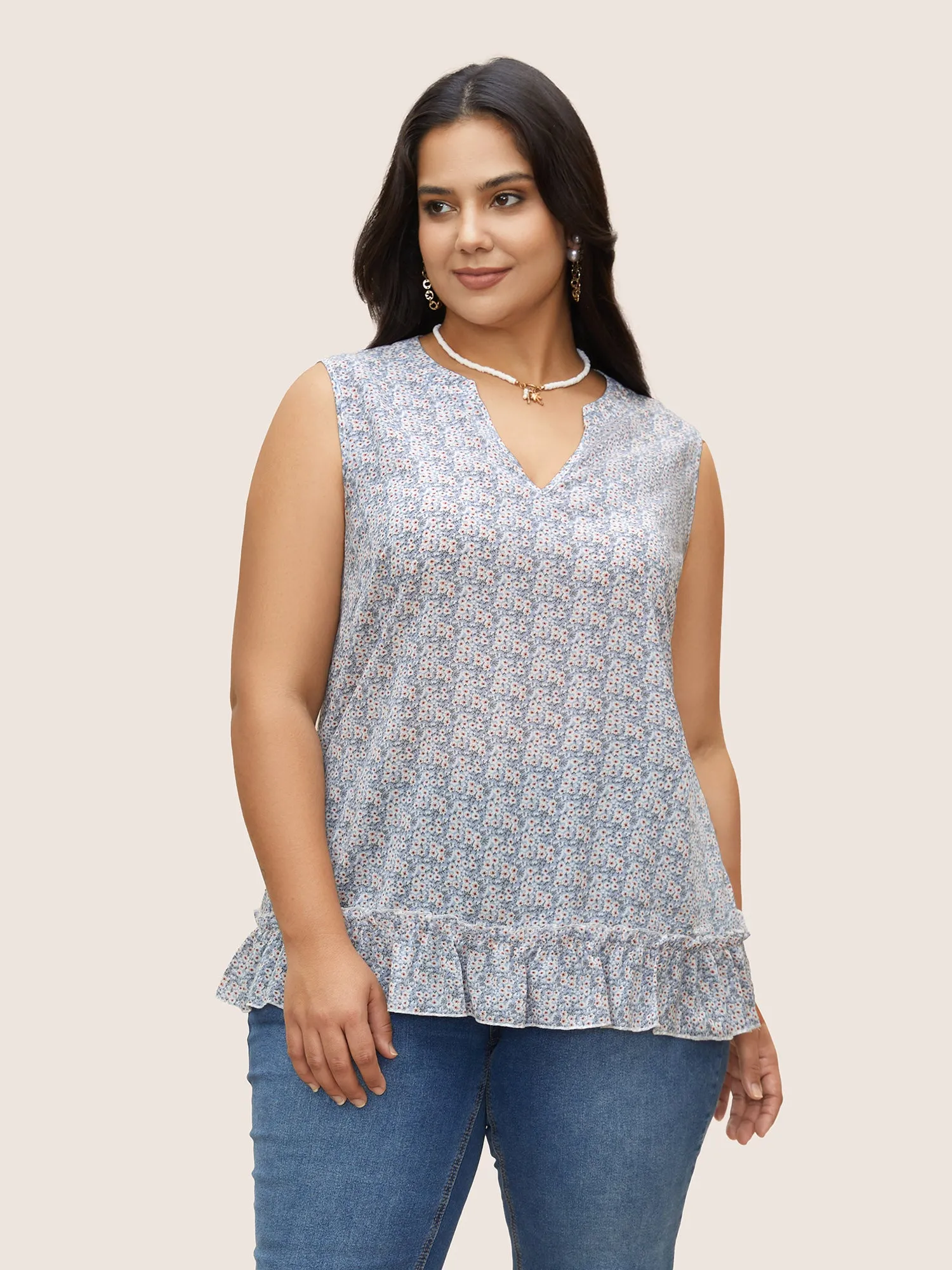 Ditsy Floral Patchwork Ruffle Hem Tank Top sold by Bloomchic