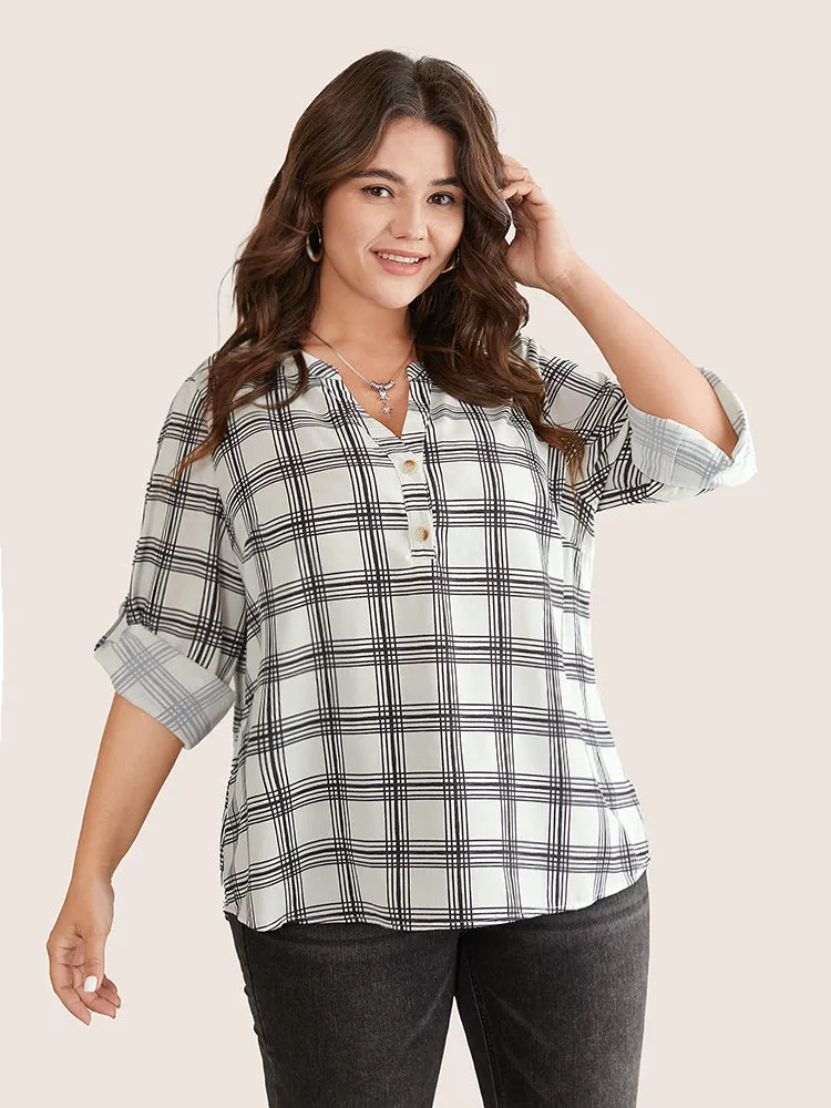 Plaid Tab Sleeve Button Up Notched Blouse sold by Bloomchic product image thumbnail 4