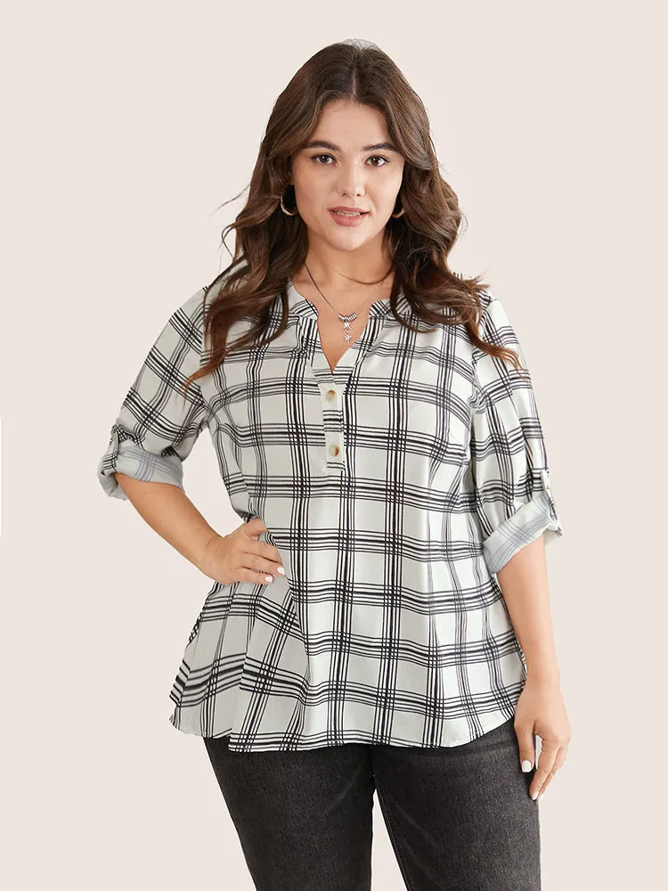 Plaid Tab Sleeve Button Up Notched Blouse sold by Bloomchic