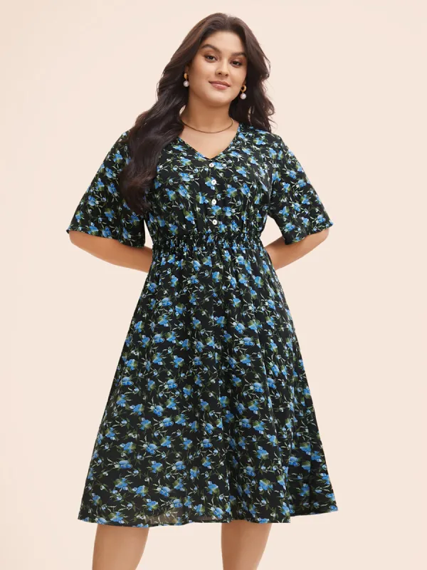 Floral Shirred Ruffle Sleeve Pocket Dress sold by Bloomchic