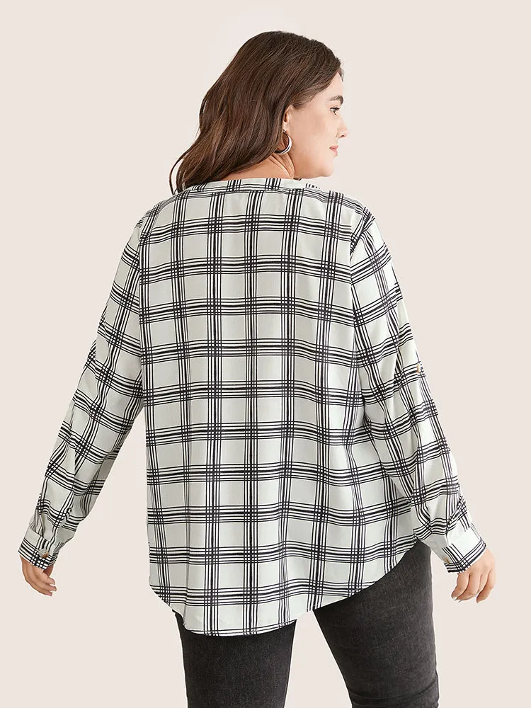 Plaid Tab Sleeve Button Up Notched Blouse sold by Bloomchic product image thumbnail 5