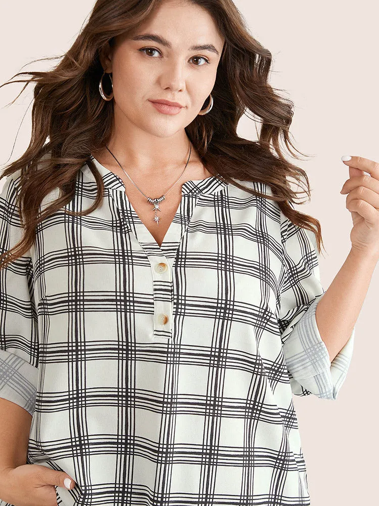 Plaid Tab Sleeve Button Up Notched Blouse sold by Bloomchic product image thumbnail 2