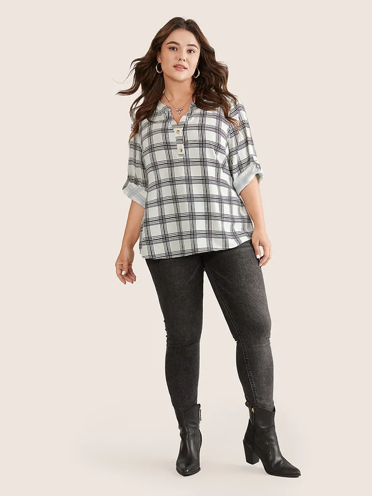 Plaid Tab Sleeve Button Up Notched Blouse sold by Bloomchic product image thumbnail 3