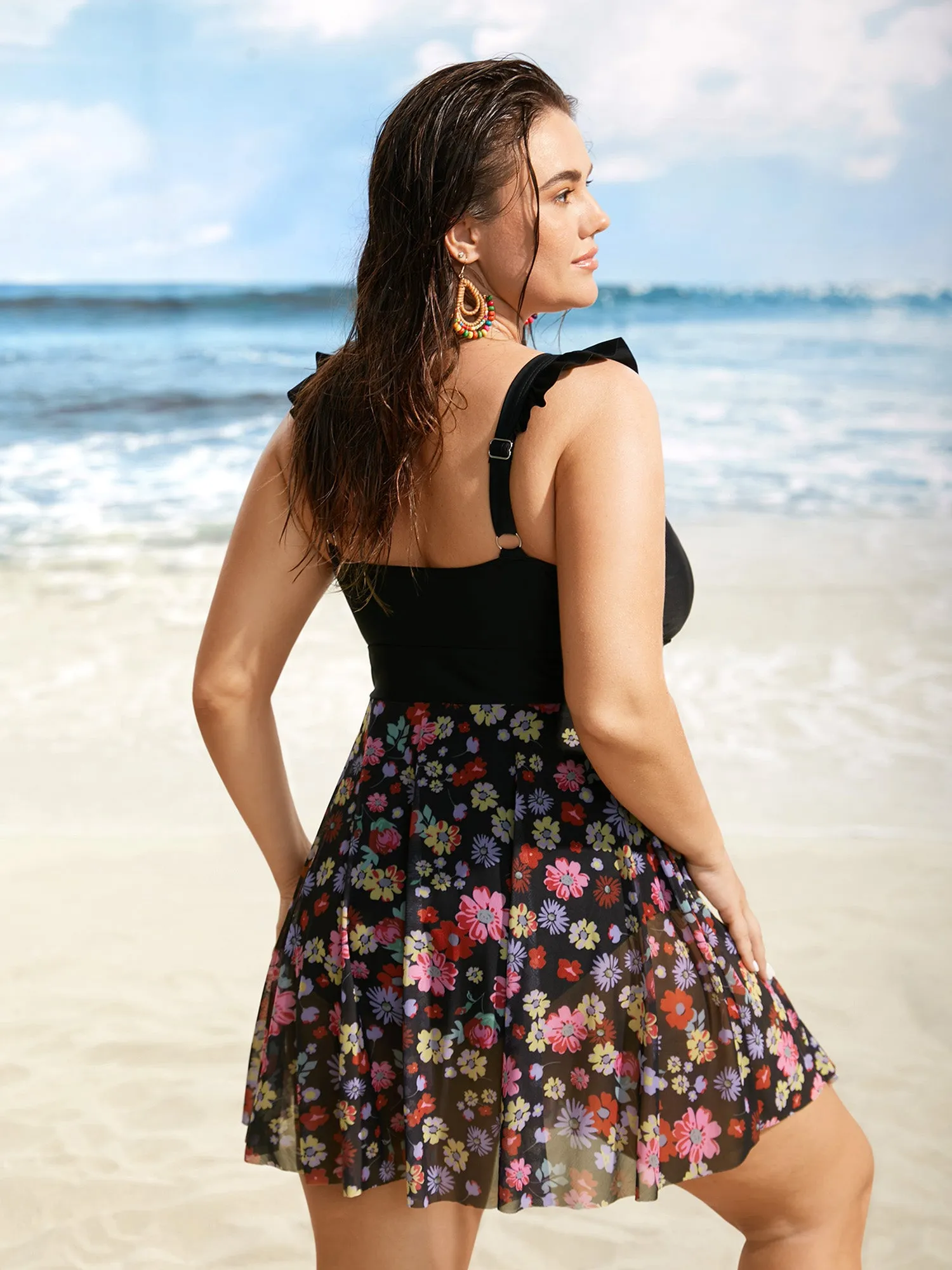 Floral Mesh Patchwork Ruffles Tie Knot Swim Dress sold by Bloomchic product image thumbnail 2