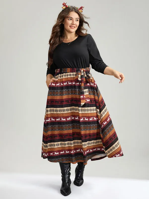 Striped Christmas Print Belted Pocket Patchwork Dress sold by Bloomchic