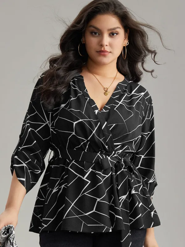 Geometric Print Tab Sleeve Belted Wrap Blouse sold by Bloomchic