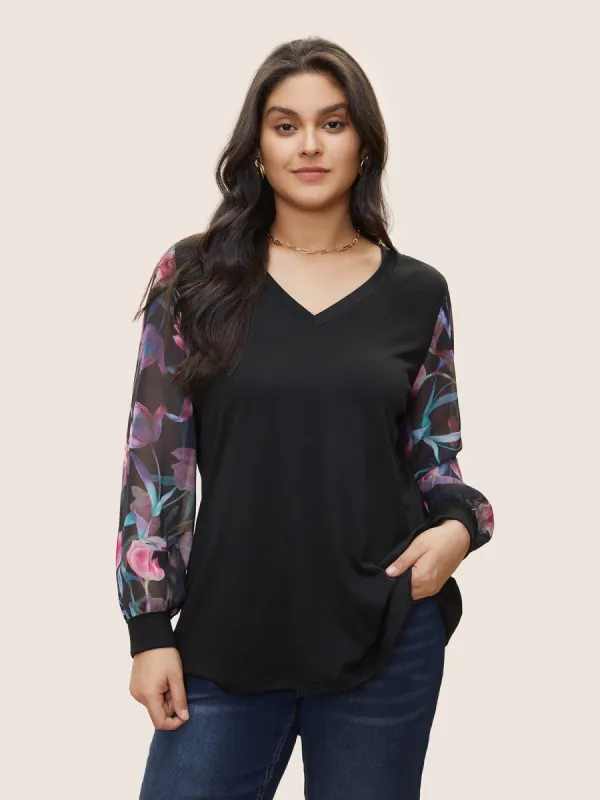 Floral Patchwork Mesh V Neck T-shirt sold by Bloomchic