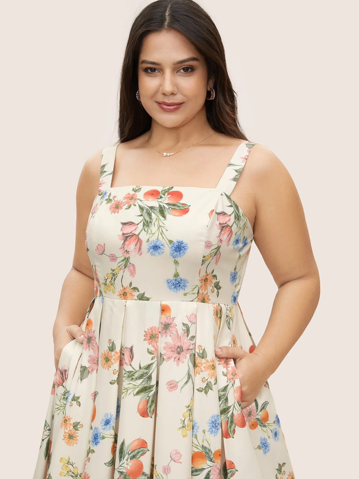 Citrus Orange Print Plicated Detail Cami Dress sold by Bloomchic product image thumbnail 4