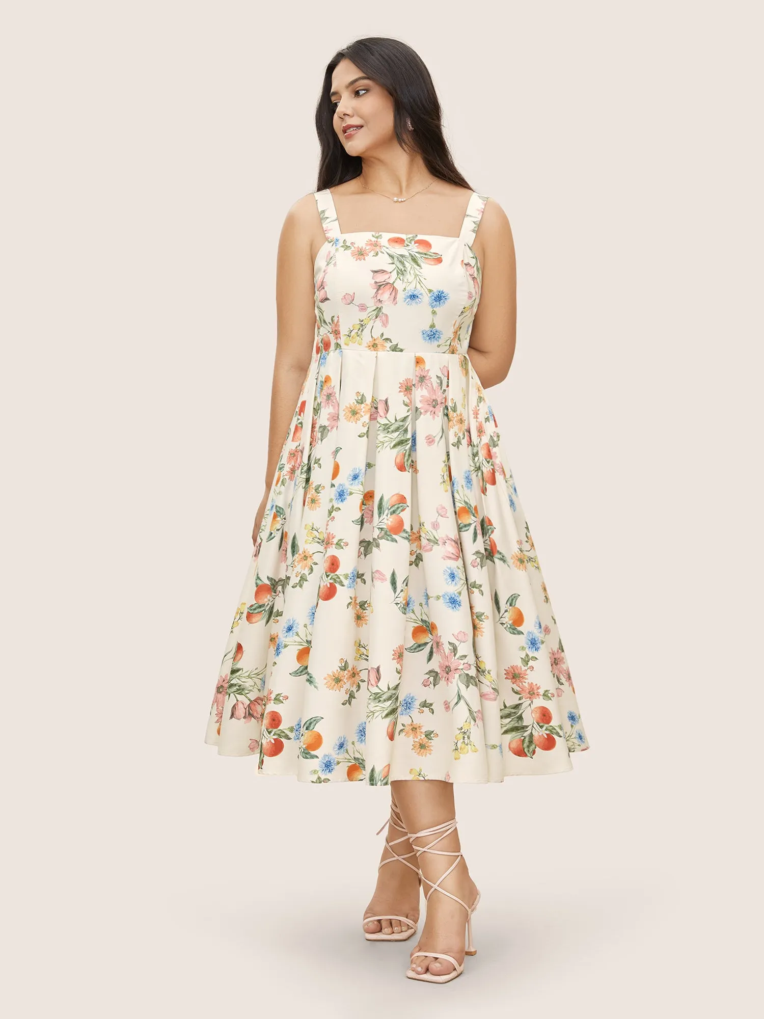 Citrus Orange Print Plicated Detail Cami Dress sold by Bloomchic product image thumbnail 2