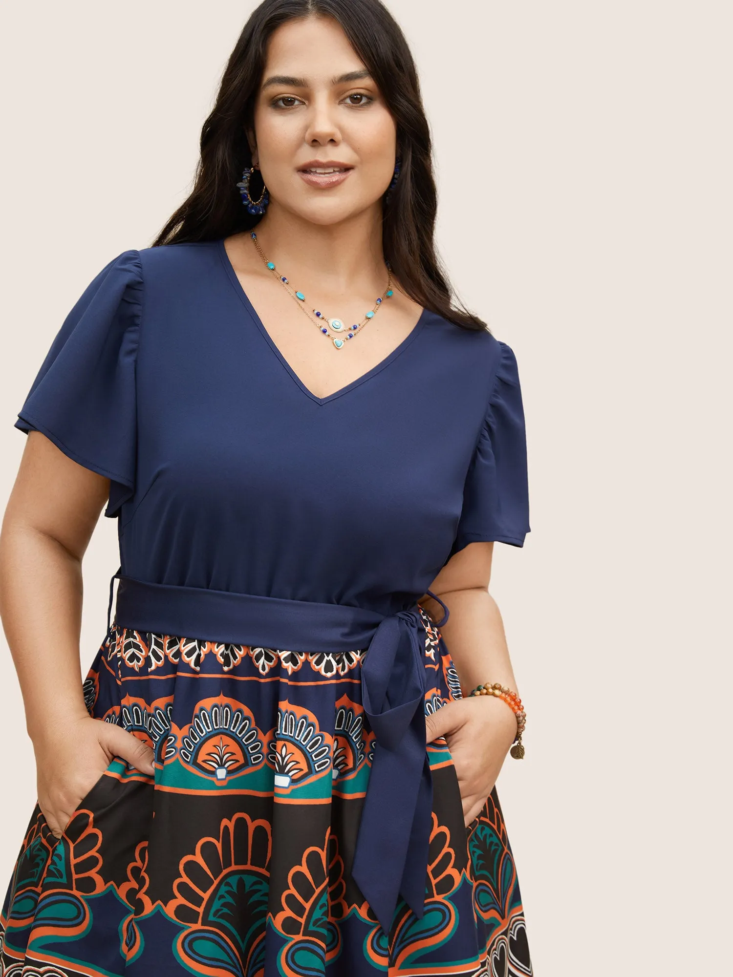 Boho Print Patchwork Ruffle Sleeve Dress sold by Bloomchic product image thumbnail 4