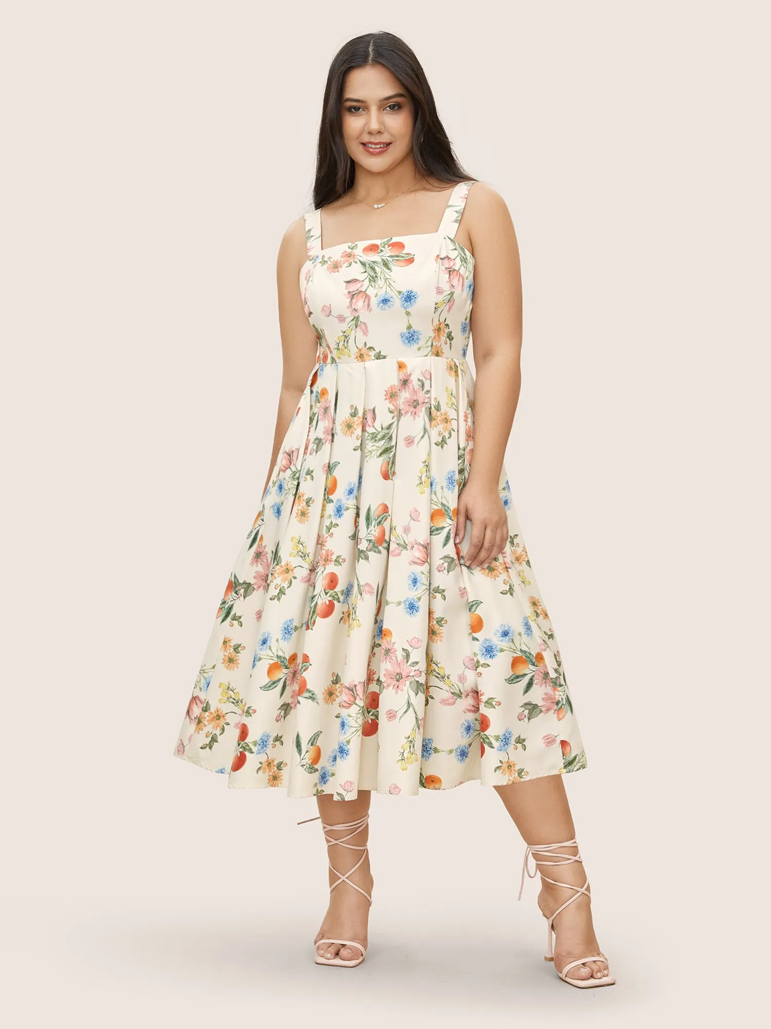 Citrus Orange Print Plicated Detail Cami Dress sold by Bloomchic