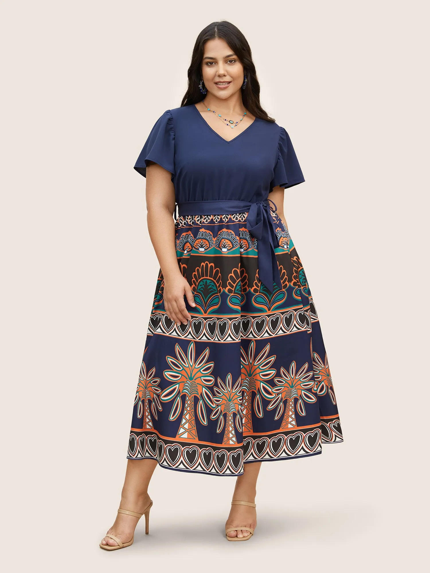 Boho Print Patchwork Ruffle Sleeve Dress sold by Bloomchic