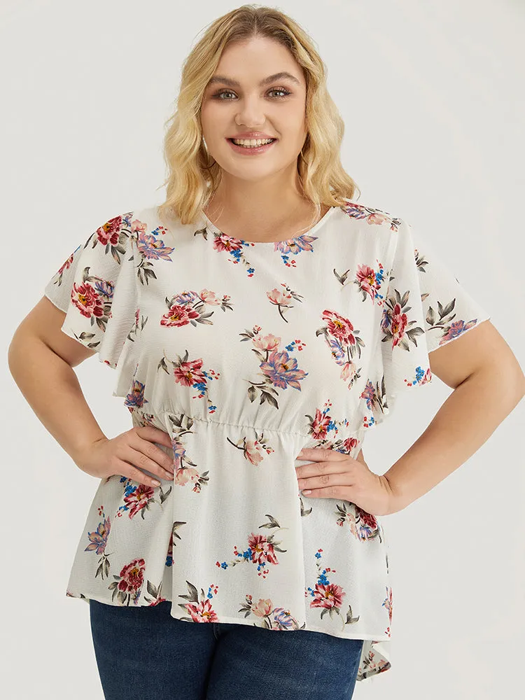 Floral Print Round Neck Ruffles High Low Hem Blouse sold by Bloomchic