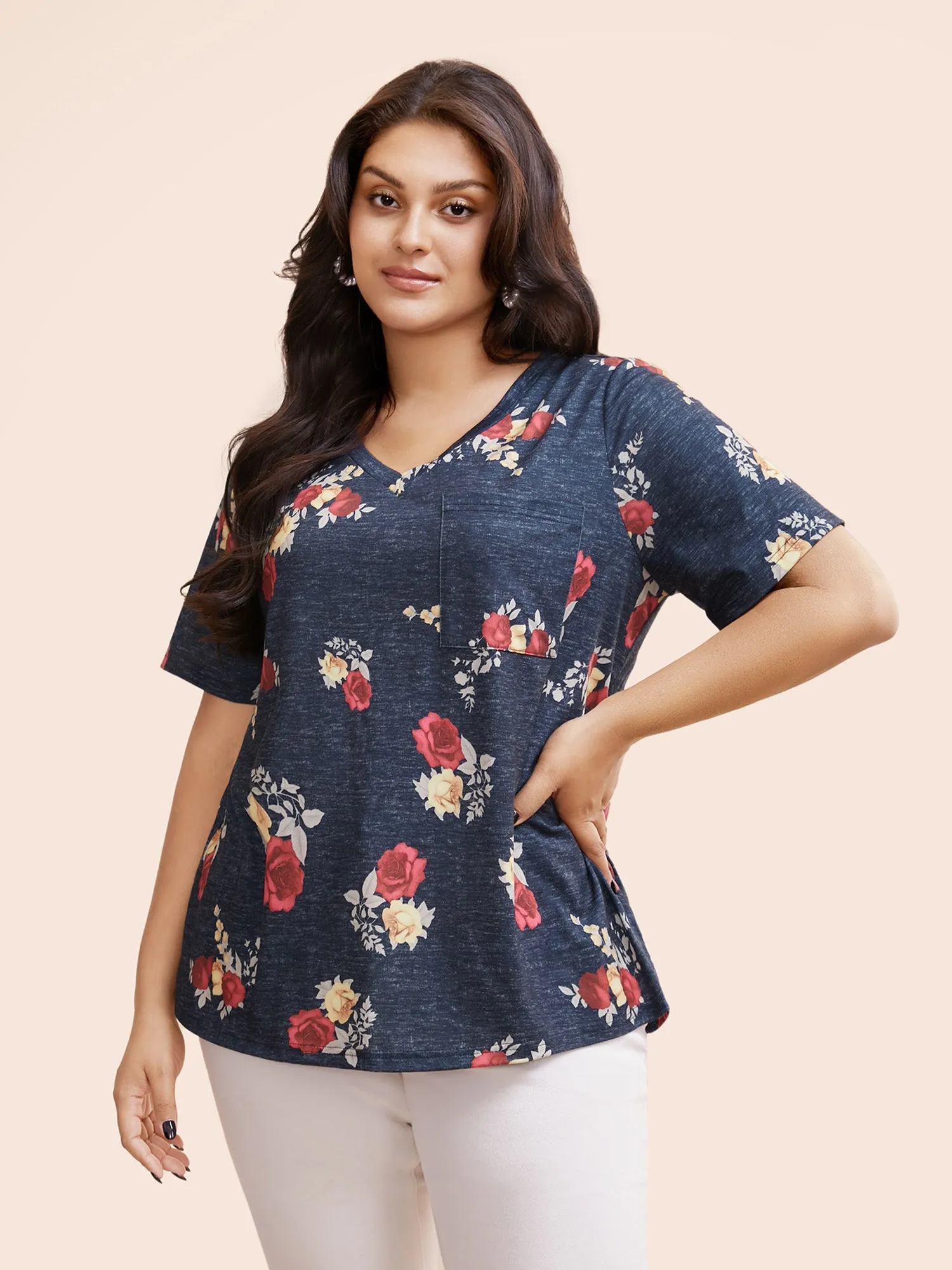 Floral Print Heather Patched Pocket T-shirt sold by Bloomchic