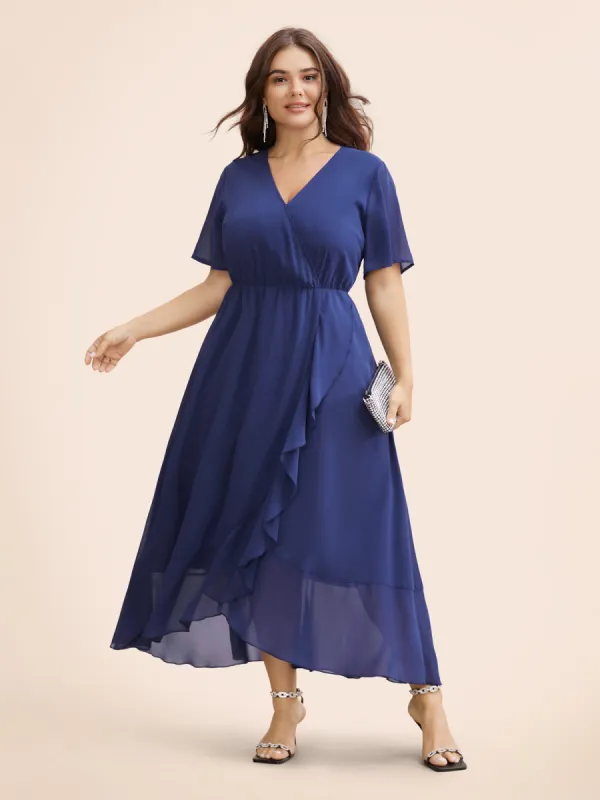 Chiffon Overlap Collar Ruffle Sleeve Dress sold by Bloomchic