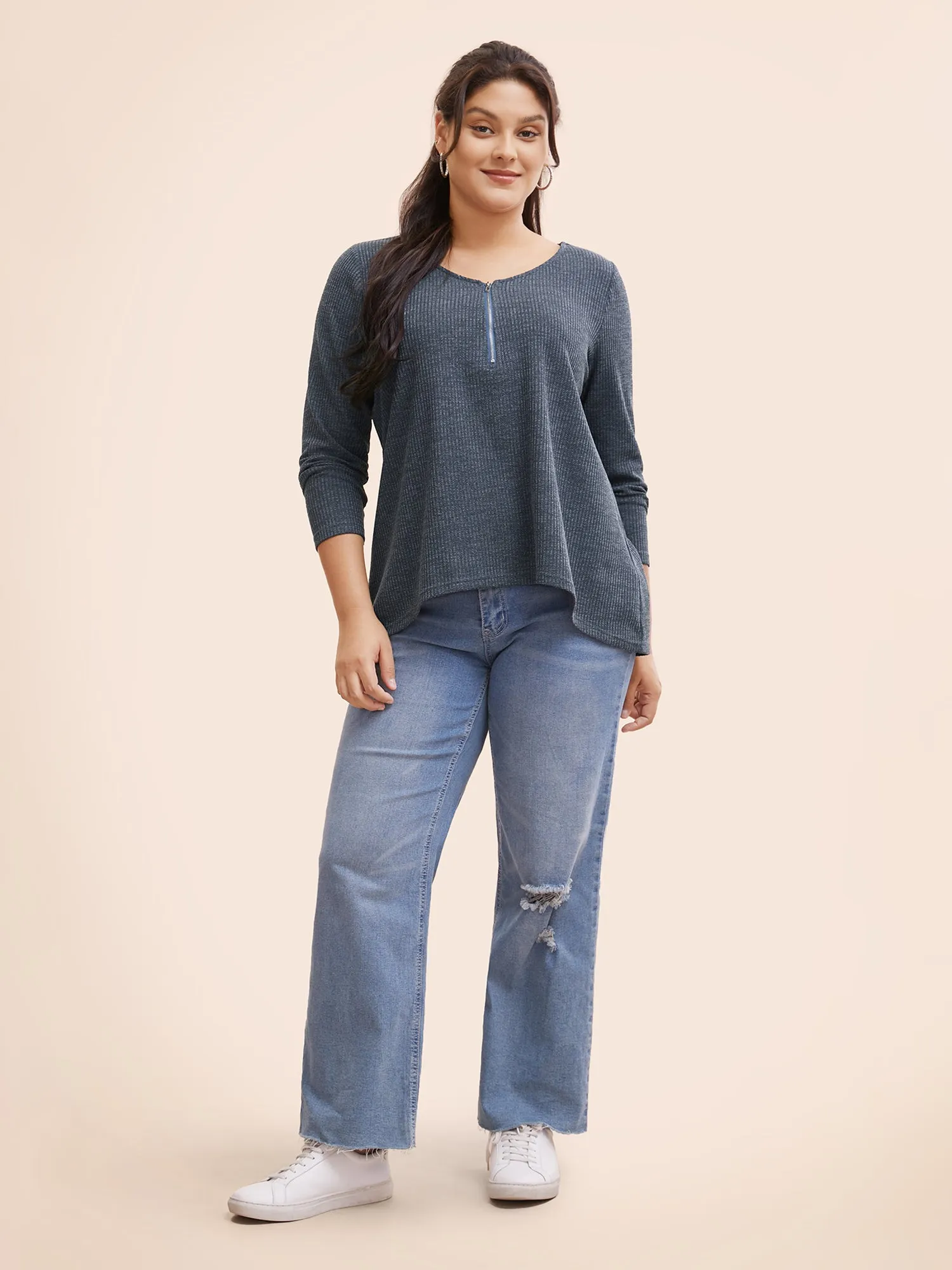 Rib Knit Half Zip High Low Hem T-shirt sold by Bloomchic product image thumbnail 2