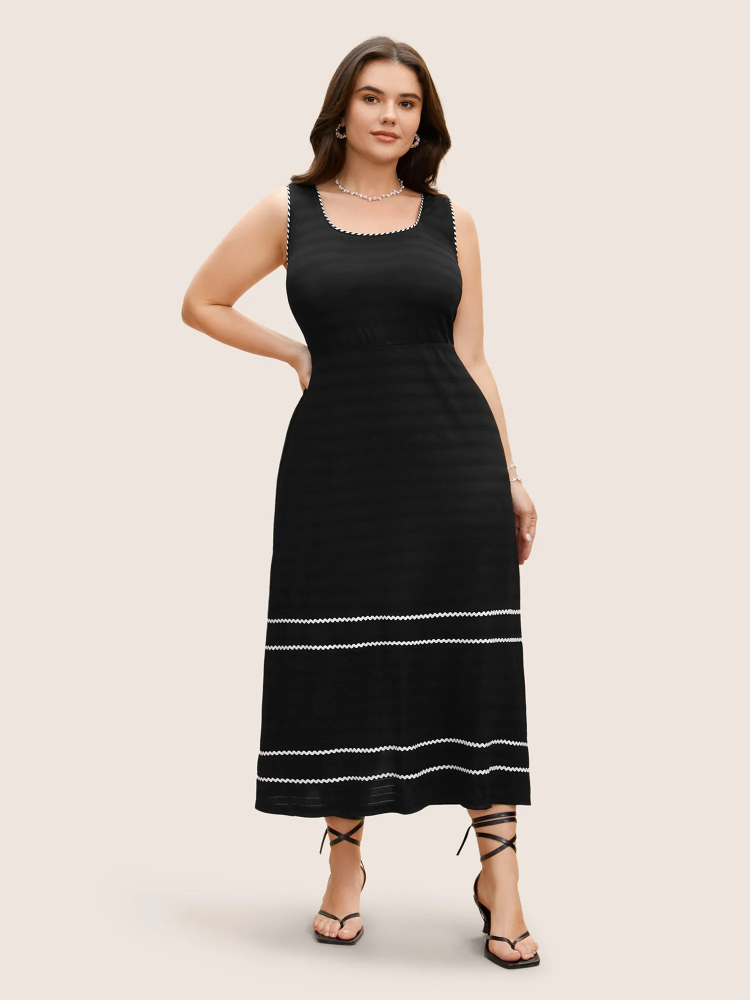Square Neck Contrast Webbing Split Hem Dress sold by Bloomchic