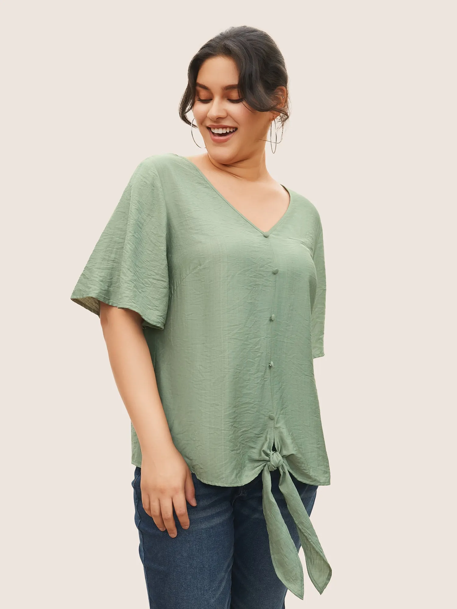 Solid Tie Knot Button Detail Ruffle Sleeve Blouse sold by Bloomchic product image thumbnail 4