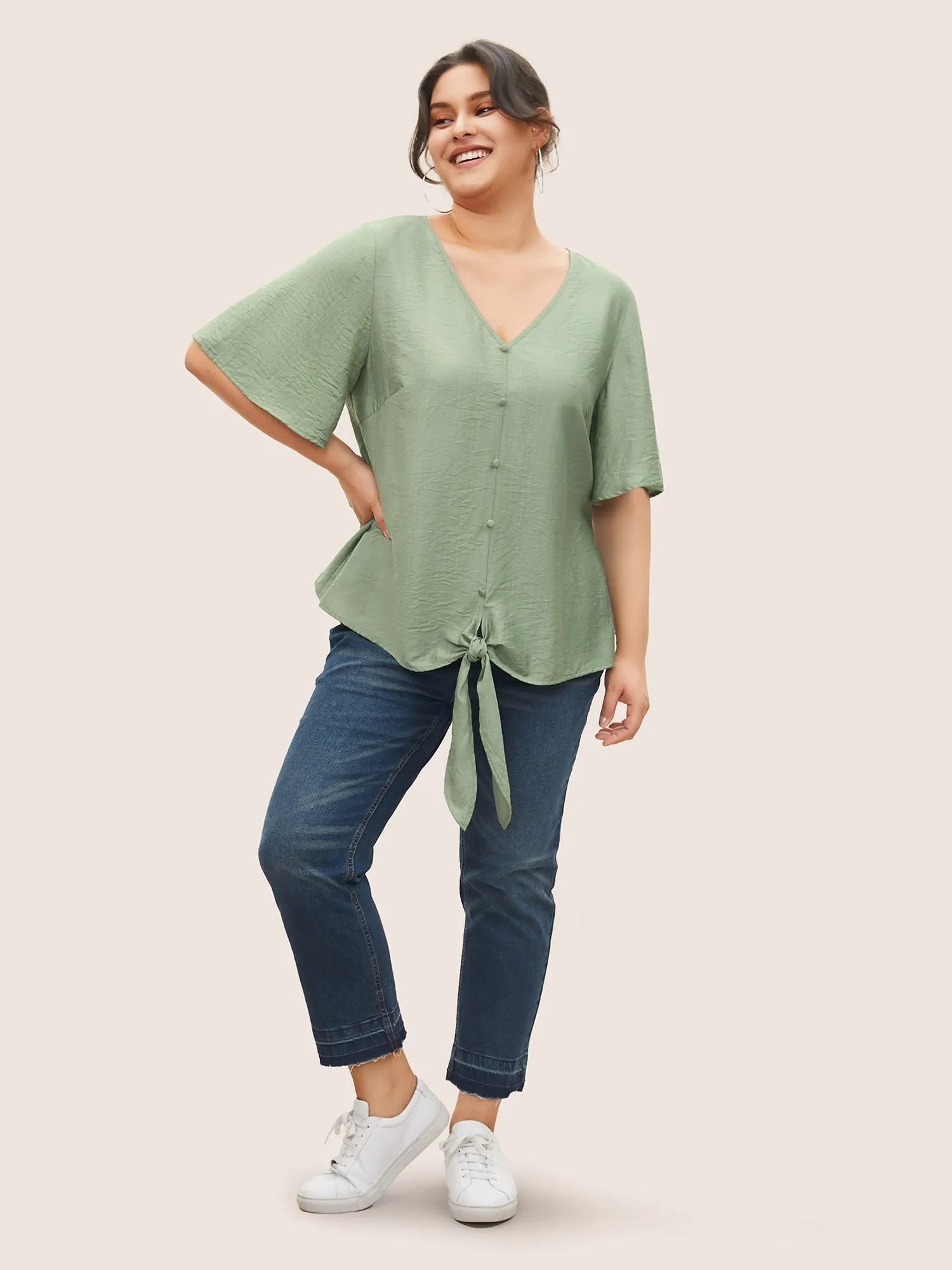 Solid Tie Knot Button Detail Ruffle Sleeve Blouse sold by Bloomchic product image thumbnail 2