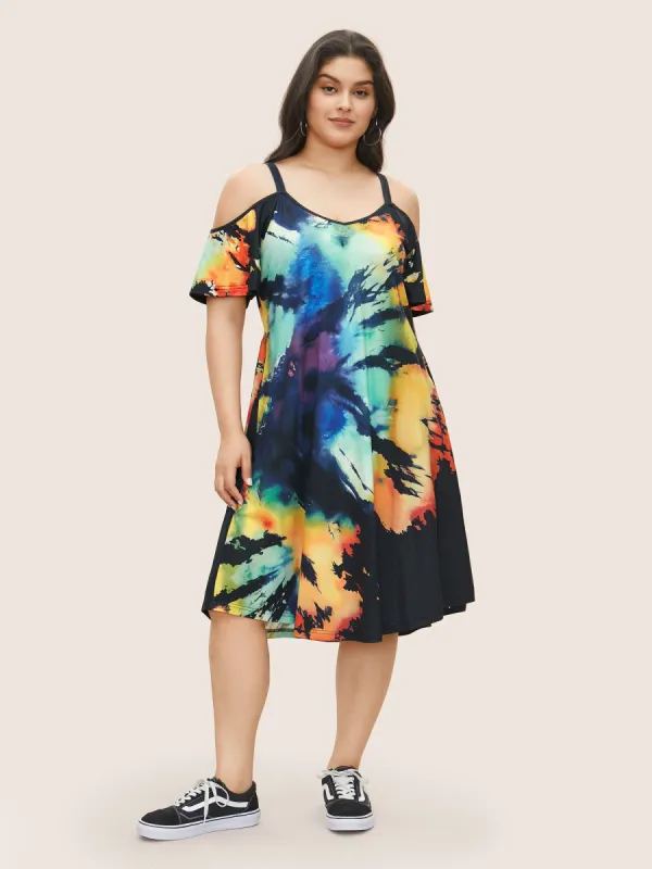 Cold Shoulder Tie Dye Contrast Pocket Dress sold by Bloomchic