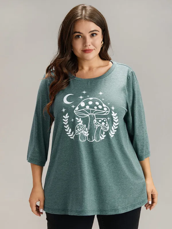 Mushroom Print Round Neck T-shirt sold by Bloomchic