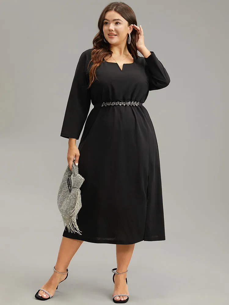 Plain Notched Elastic Waist Split Hem Dress sold by Bloomchic