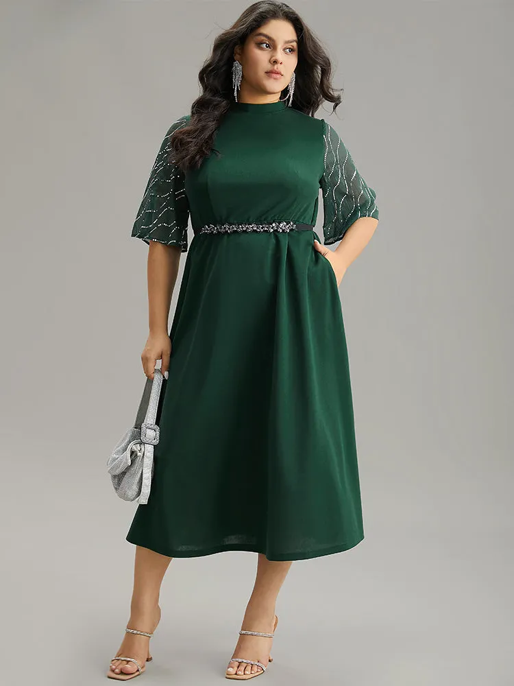 Plain Mesh Sequin Patchwork Ruffle Sleeve Dress sold by Bloomchic