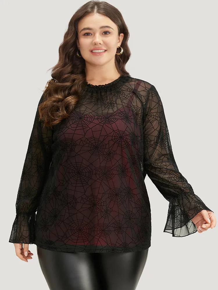 Halloween Spider Web Mesh Bell Sleeve Blouse sold by Bloomchic