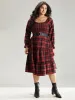 Plaid Shirred Pocket Ruffle Trim Midi Dress sold by Bloomchic