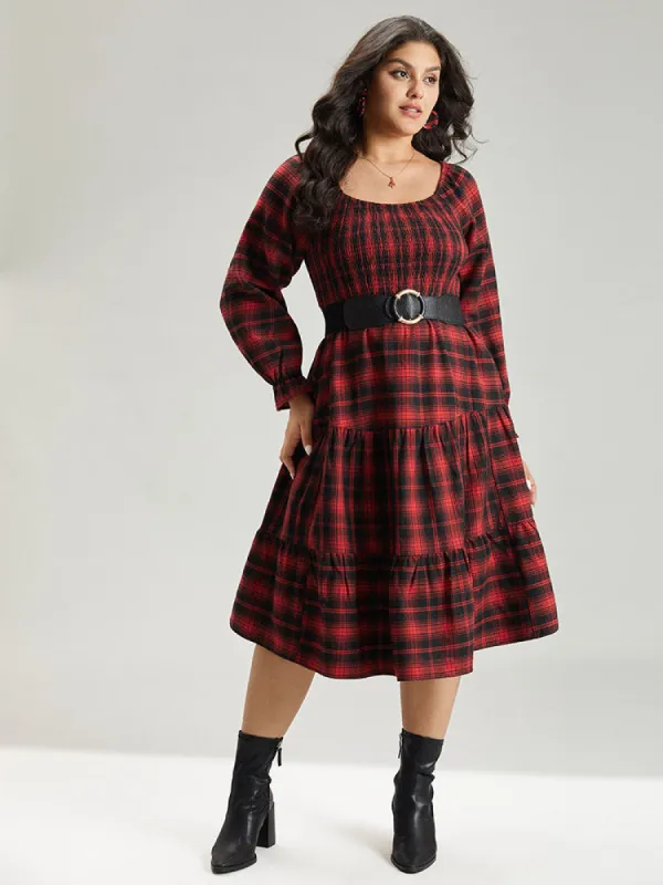 Plaid Shirred Pocket Ruffle Trim Midi Dress sold by Bloomchic