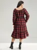 Plaid Shirred Pocket Ruffle Trim Midi Dress sold by Bloomchic