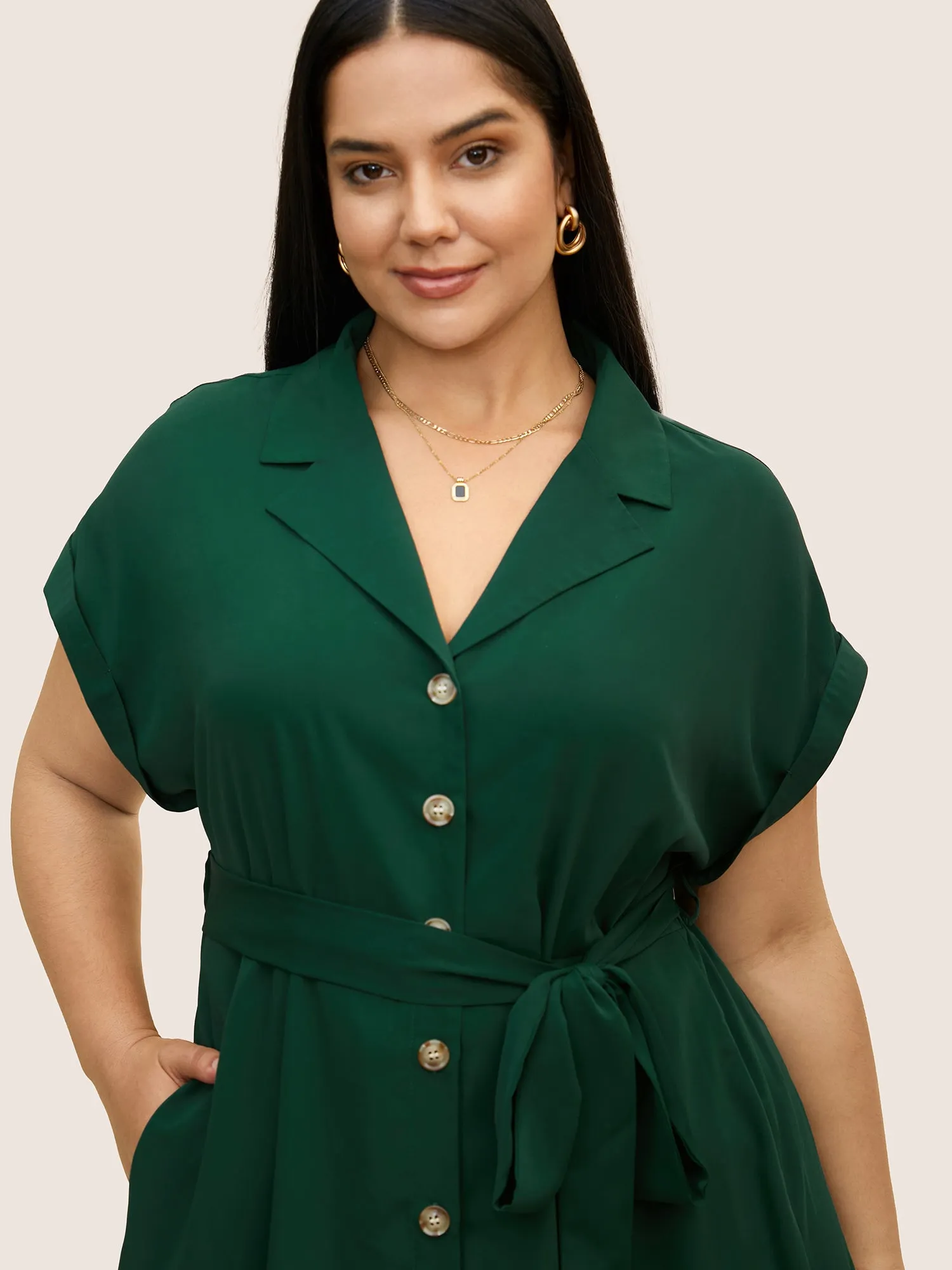 Suit Collar Button Detail Batwing Sleeve Dress sold by Bloomchic product image thumbnail 4