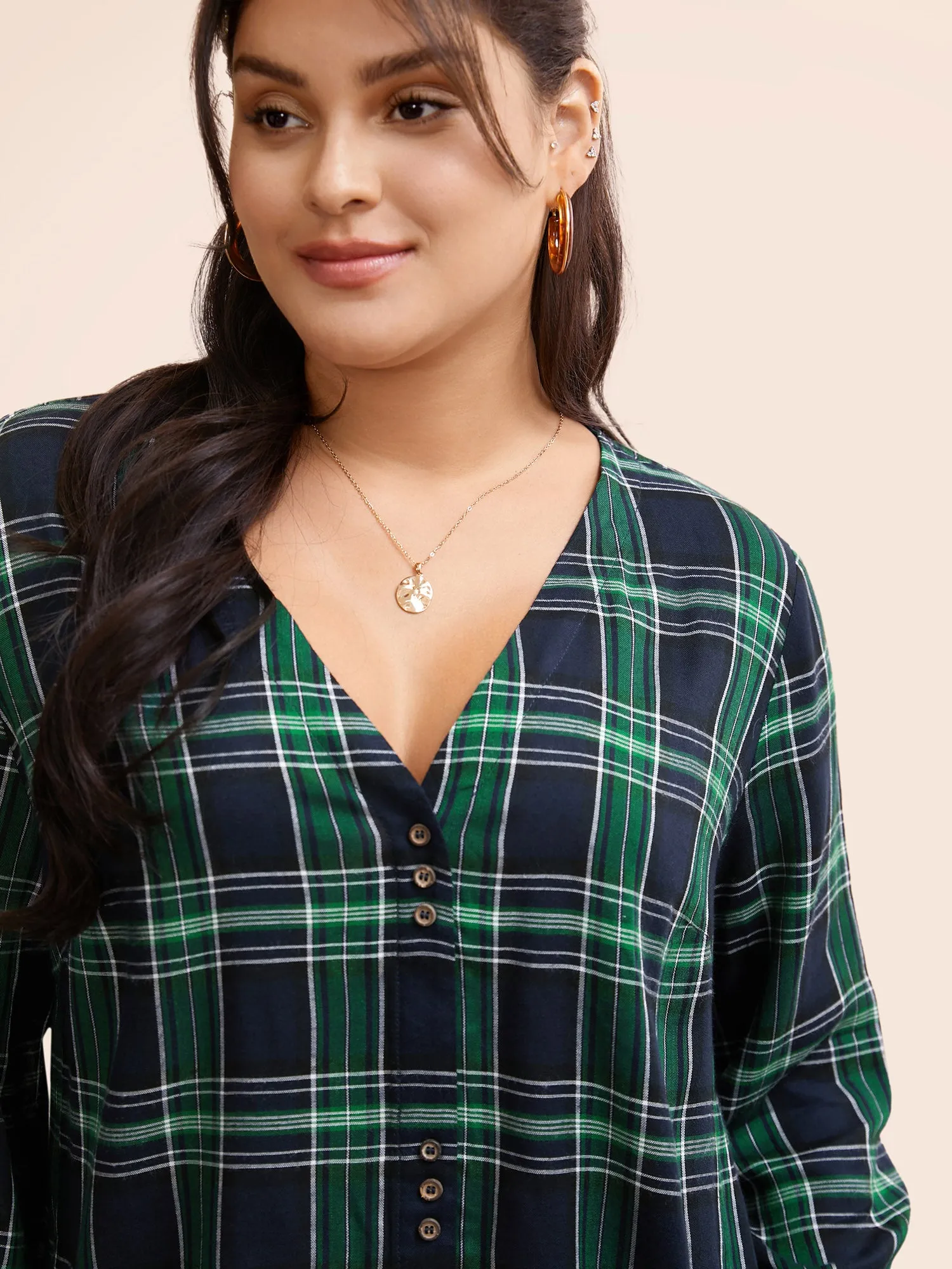 V Neck Plaid Button Detail Blouse sold by Bloomchic product image thumbnail 4