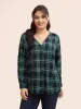 V Neck Plaid Button Detail Blouse sold by Bloomchic