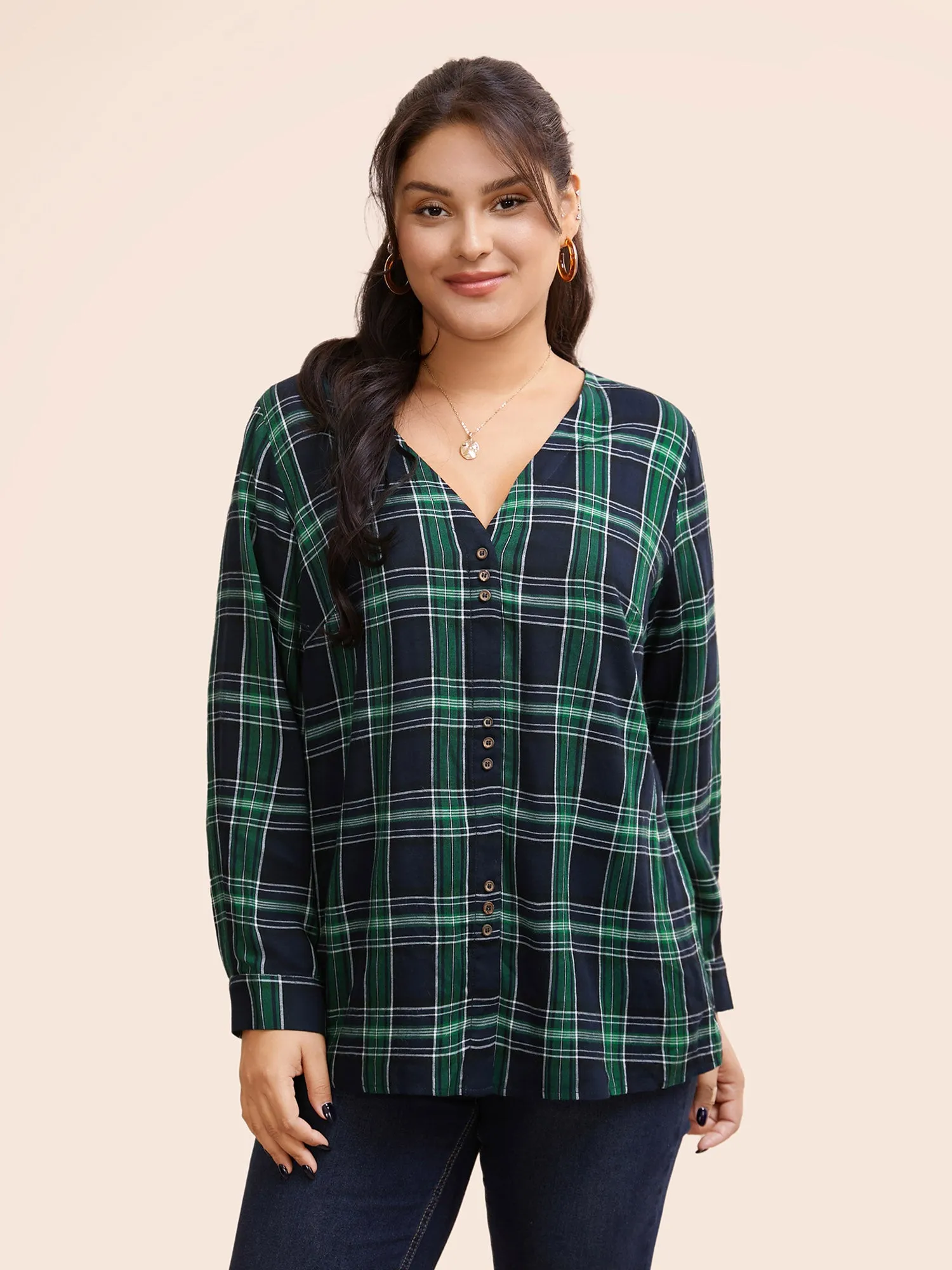 V Neck Plaid Button Detail Blouse sold by Bloomchic product image thumbnail 2