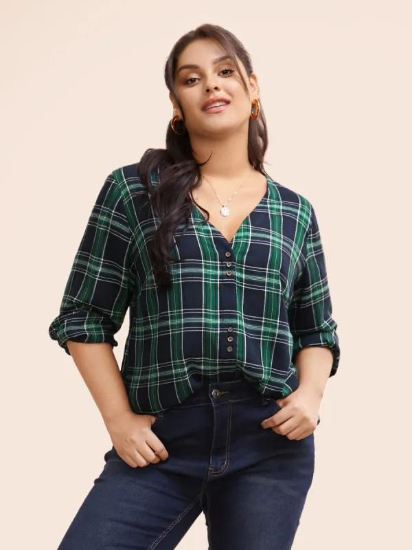 V Neck Plaid Button Detail Blouse sold by Bloomchic