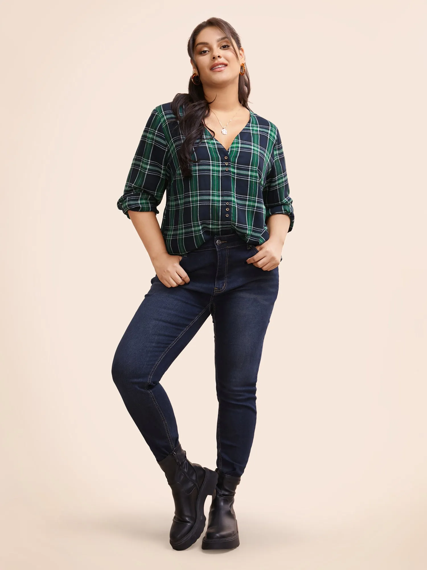 V Neck Plaid Button Detail Blouse sold by Bloomchic product image thumbnail 3