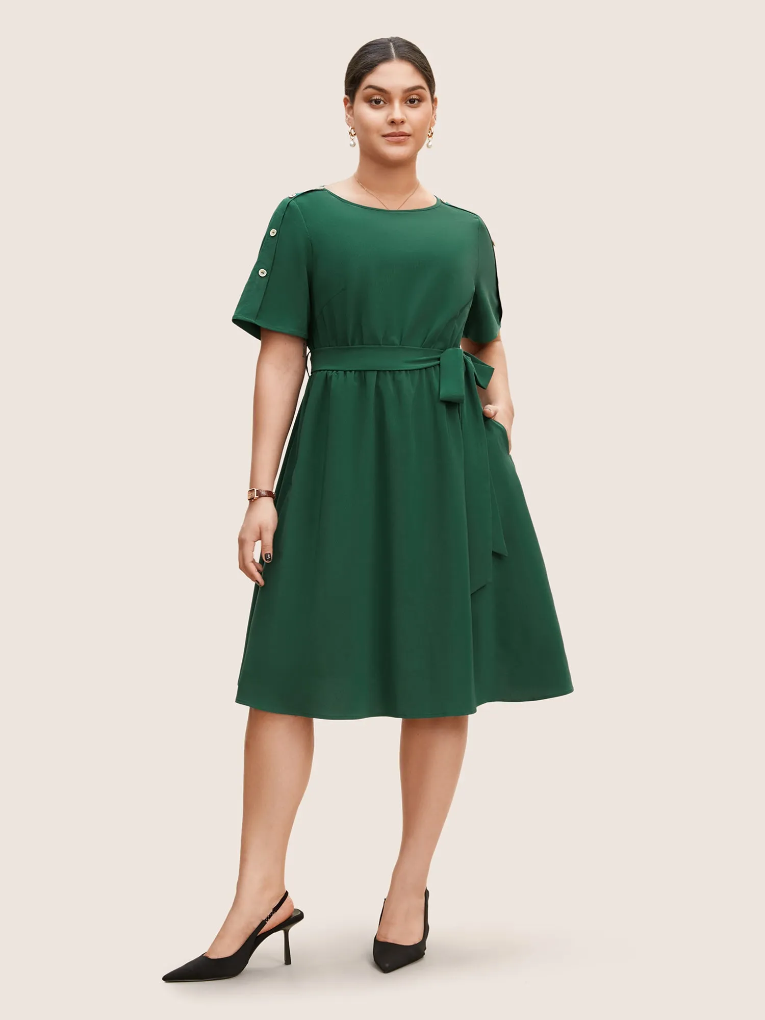 Plain Textured Boat Neck Button Detail Knee Dress sold by Bloomchic