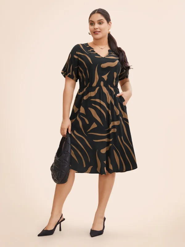 Geometric Elastic Waist Batwing Sleeve Dress made by Bloomchic