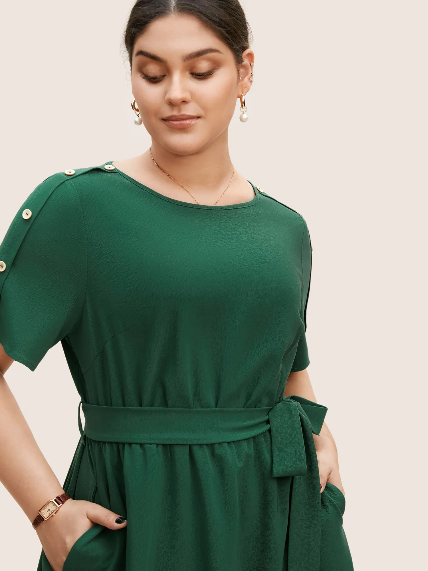 Plain Textured Boat Neck Button Detail Knee Dress sold by Bloomchic product image thumbnail 4