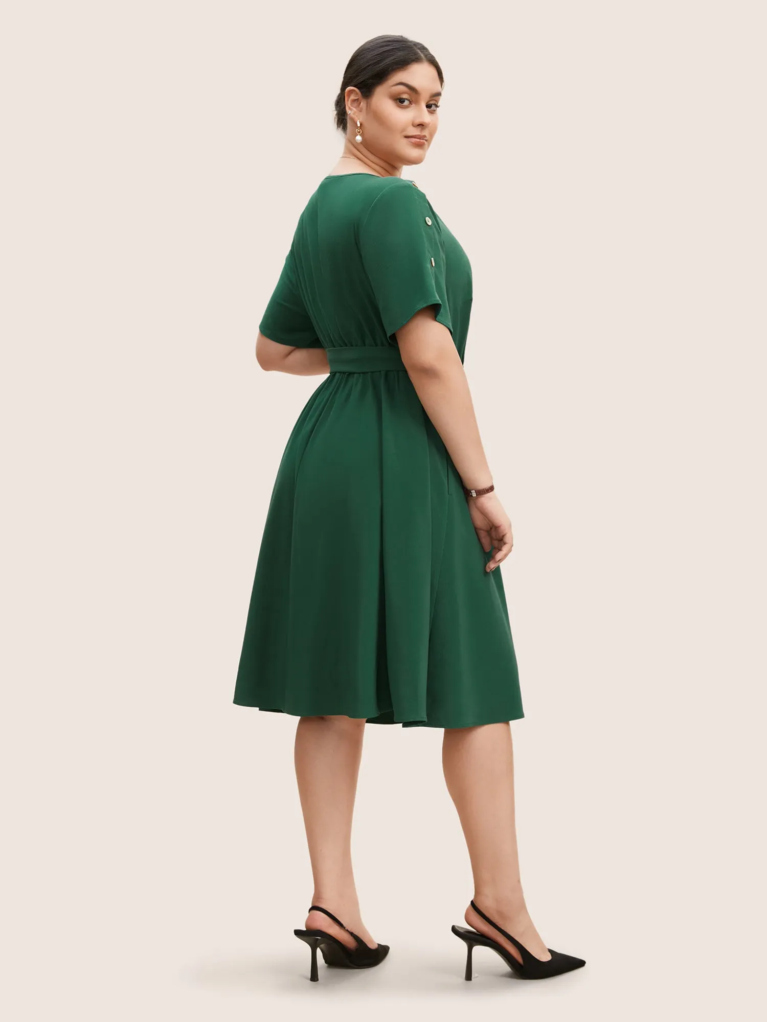 Plain Textured Boat Neck Button Detail Knee Dress sold by Bloomchic product image thumbnail 3