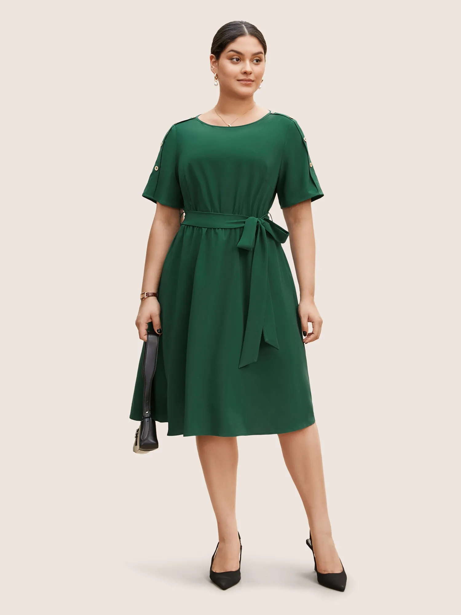 Plain Textured Boat Neck Button Detail Knee Dress sold by Bloomchic product image thumbnail 2