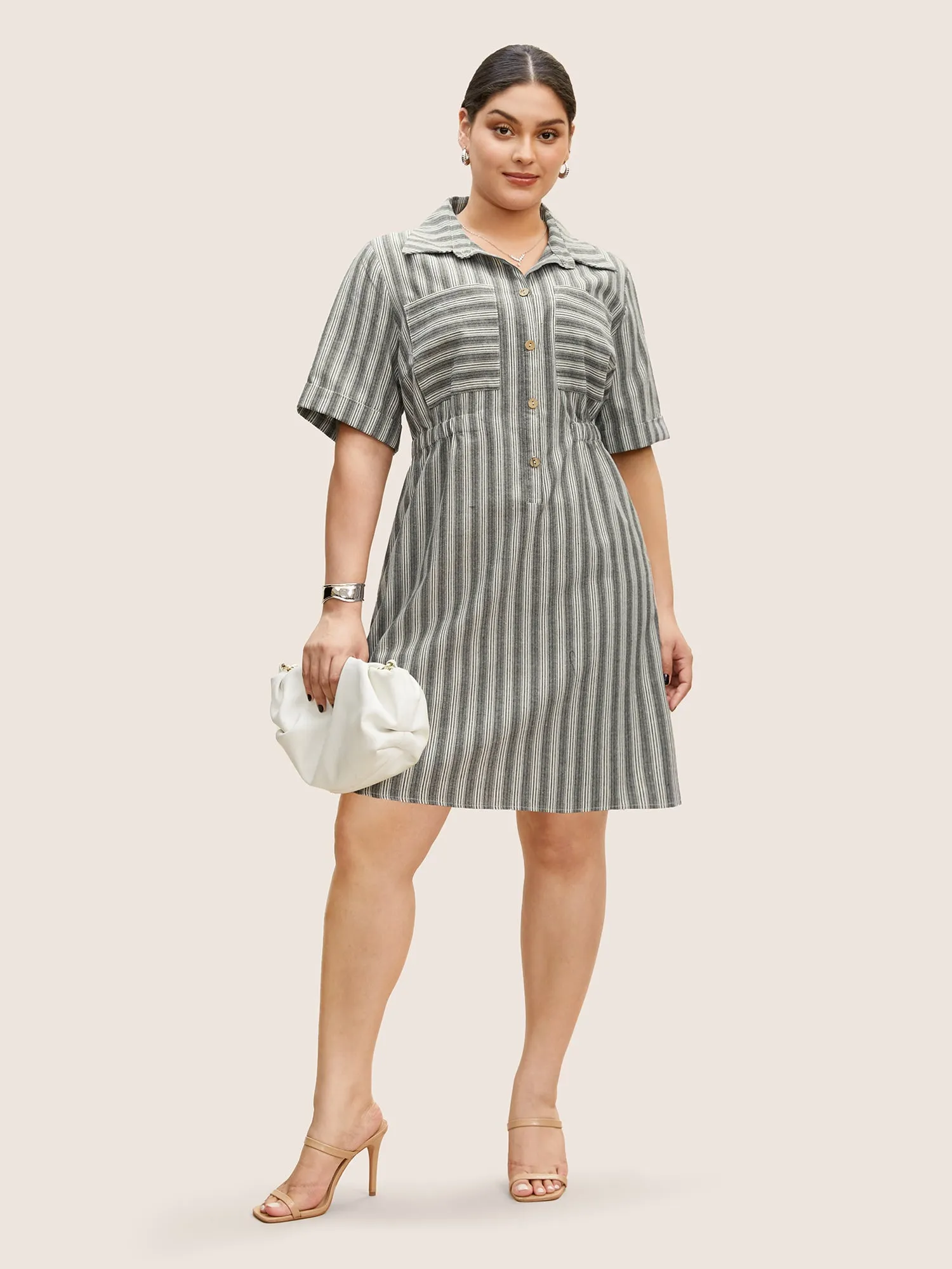 Striped Button Up Patched Pocket Short Dress sold by Bloomchic