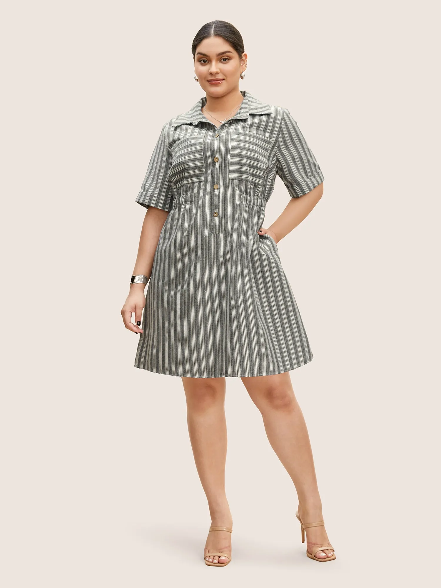 Striped Button Up Patched Pocket Short Dress sold by Bloomchic product image thumbnail 3