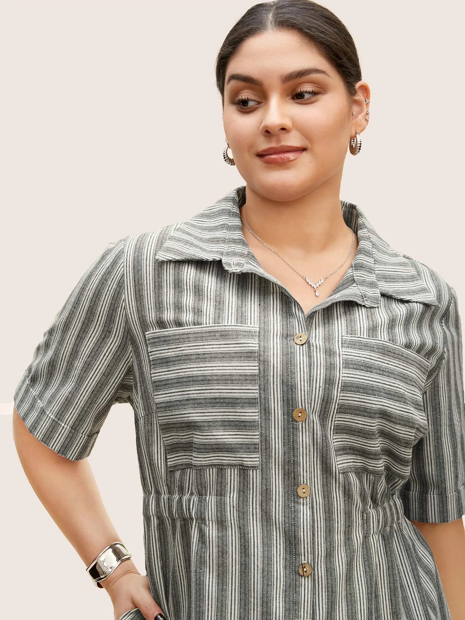 Striped Button Up Patched Pocket Short Dress sold by Bloomchic product image thumbnail 2