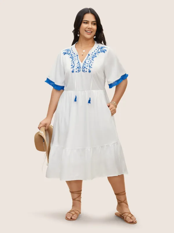 Boho Print Embroidered Tassel Trim Midi Dress sold by Bloomchic