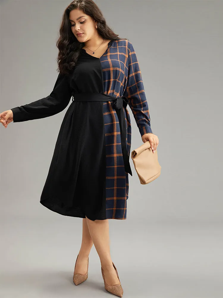 Plaid Patchwork Notched Belted Dress sold by Bloomchic product image thumbnail 4