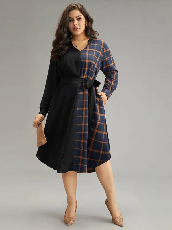 Plaid Patchwork Notched Belted Dress sold by Bloomchic